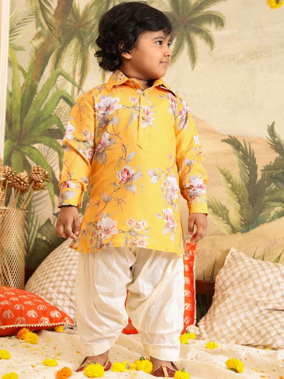 VASTRAMAY Boys Shirt Collar Floral Printed Regular Kurta with Patiala, Yellow