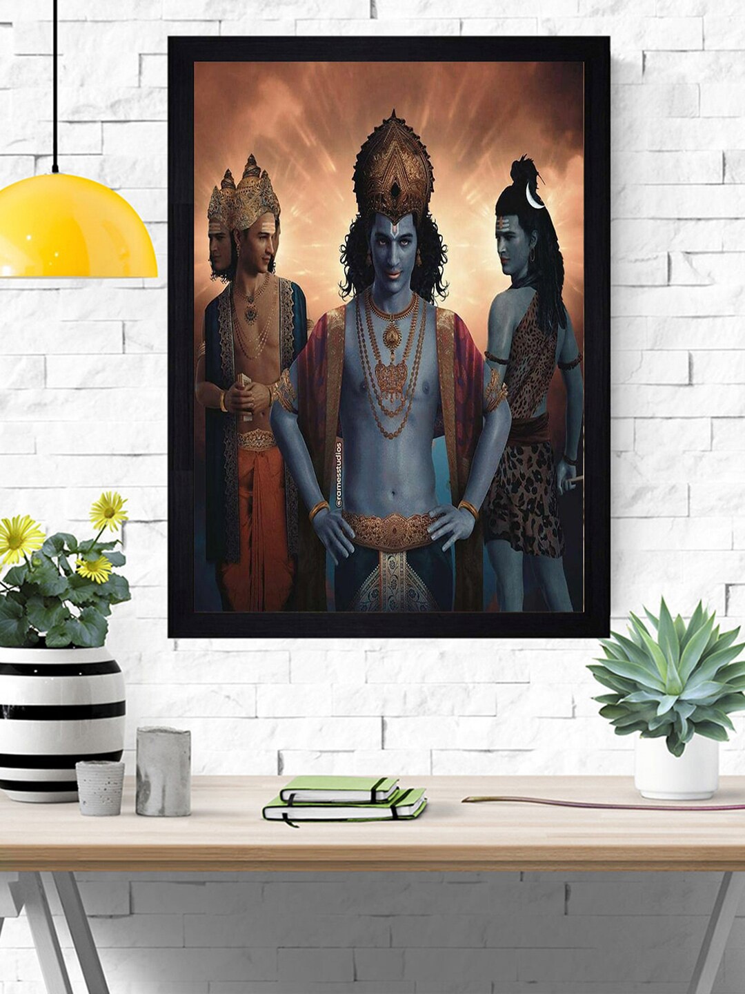 Gallery99 Black & Blue Bramha Vishnu Mahesh Textured Paper Framed Wall Art