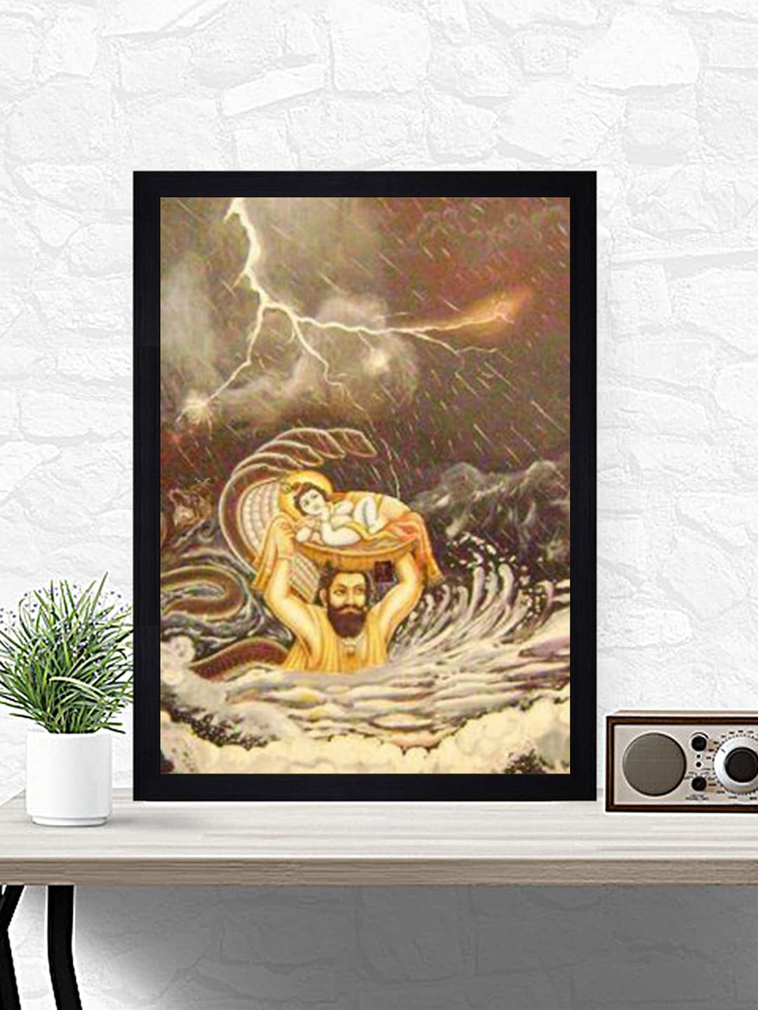Gallery99 Beige & Brown Vasudev Carrying Krishna Texture Paper Framed Wall Art