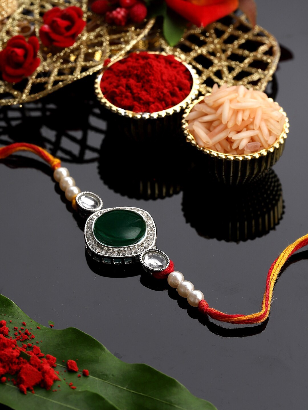 PANASH Silver-Plated Stone-Studded Rakhi With Roli Chawal
