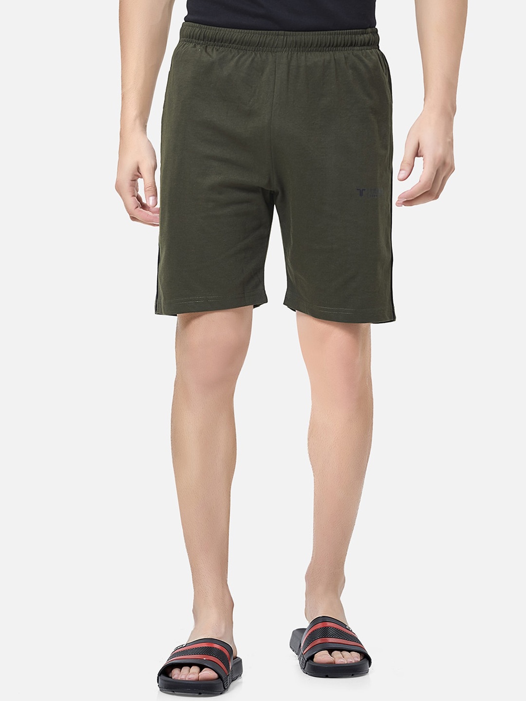 

TESSIO Men Mid-Rise Cotton Sports Shorts, Olive