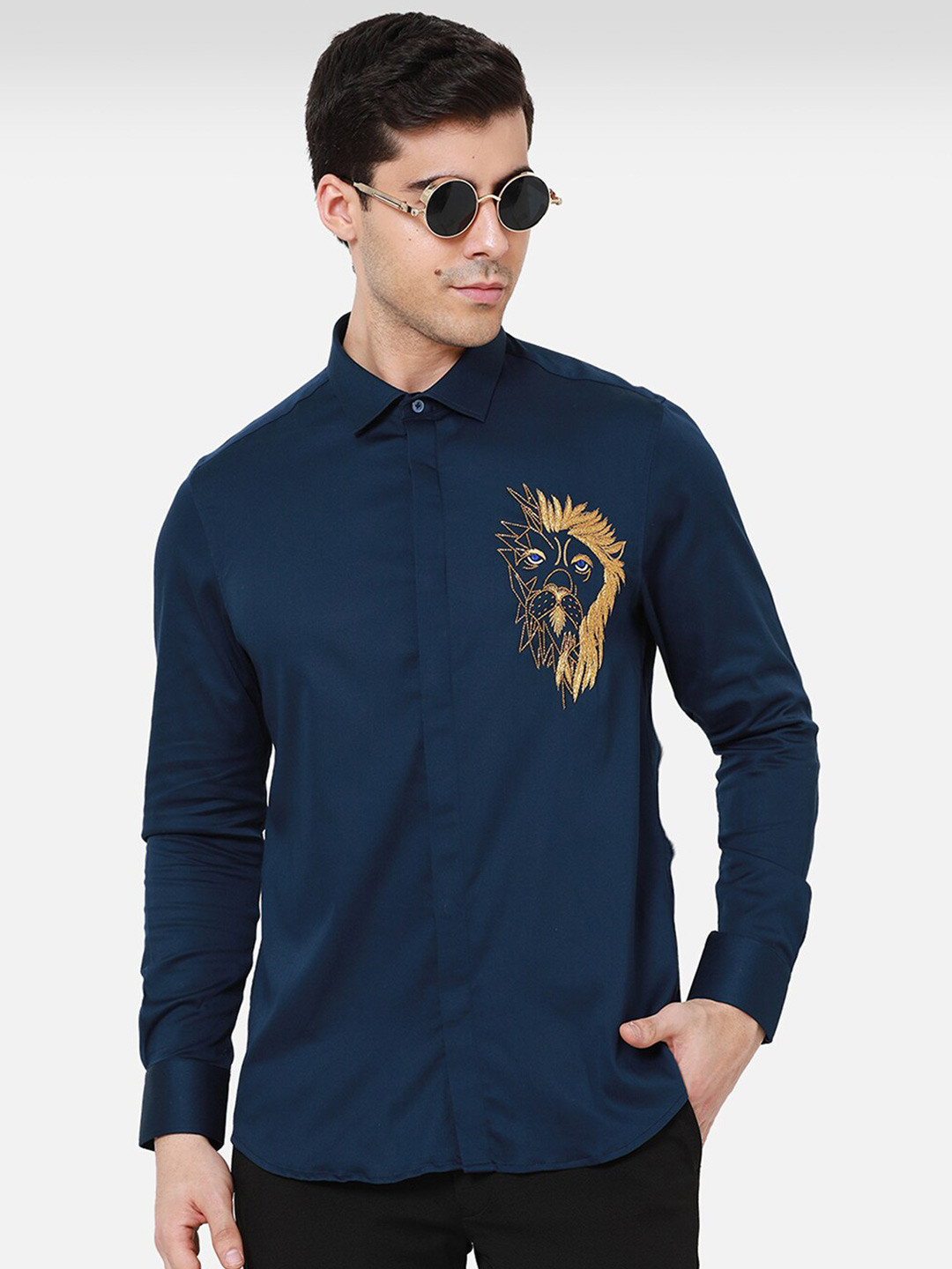 

Komal Kothari Edgy Embroidered Spread Collar Cotton Casual Shirt, Navy blue