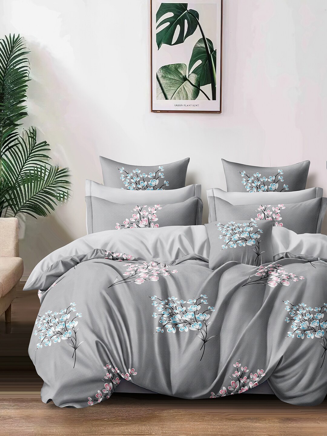 

Cortina Grey Blue Floral 144 TC Queen Bedsheet With 2 Pillow Covers