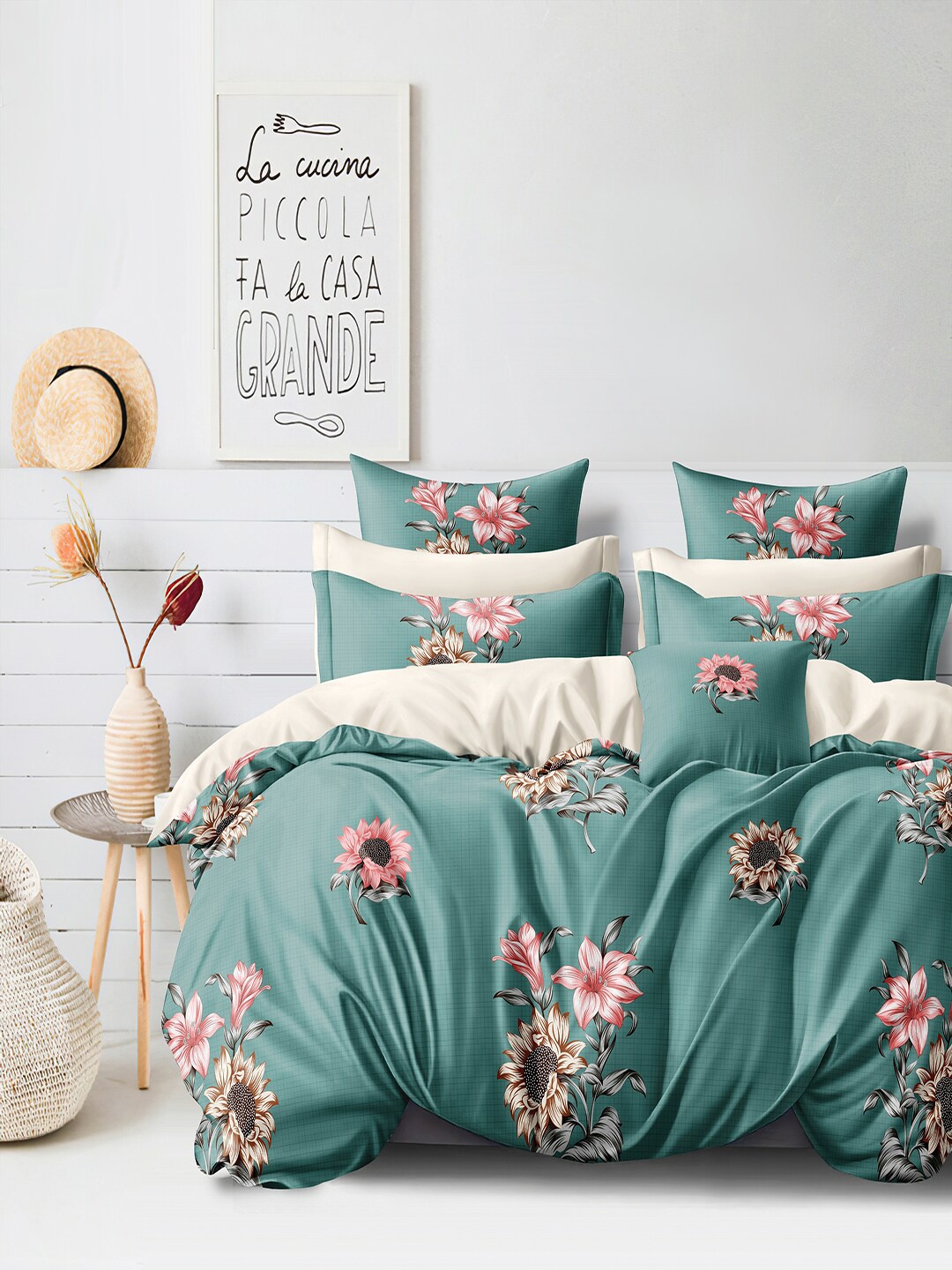 

Cortina Teal & White Printed 144 TC Queen Bedsheet with 2 Pillow Covers