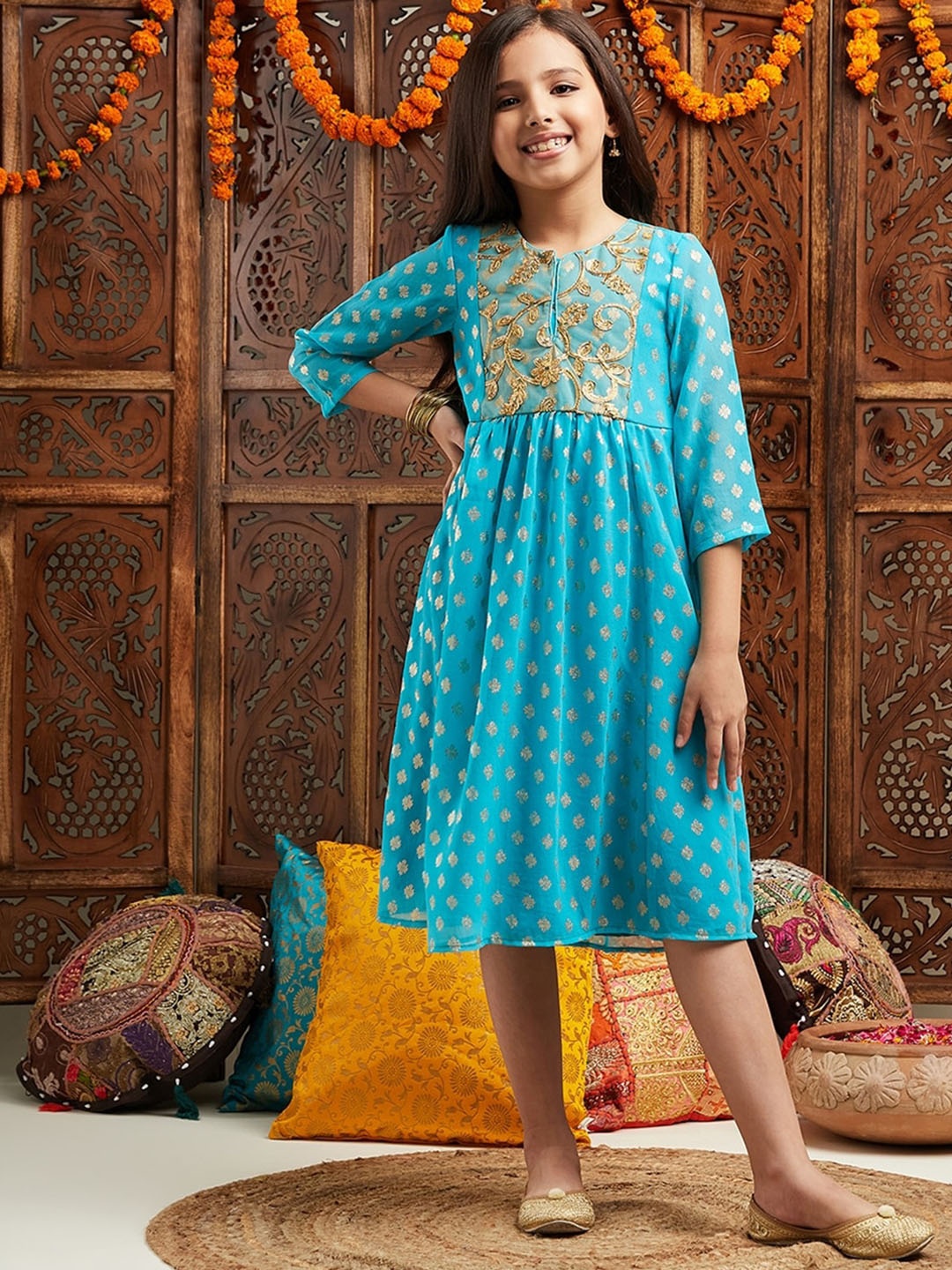 

pspeaches Girls Printed & Embroidered Fit & Flare Georgette Ethnic Dress, Turquoise blue