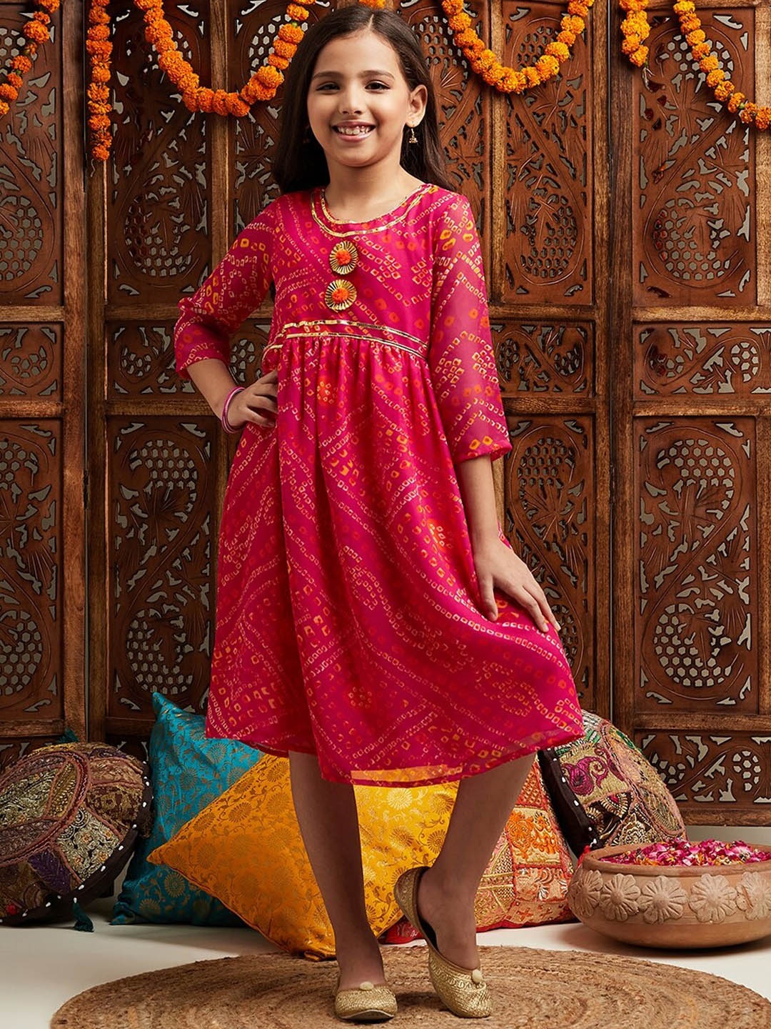 

pspeaches Girls Printed Fit & Flare Georgette Ethnic Dress, Magenta