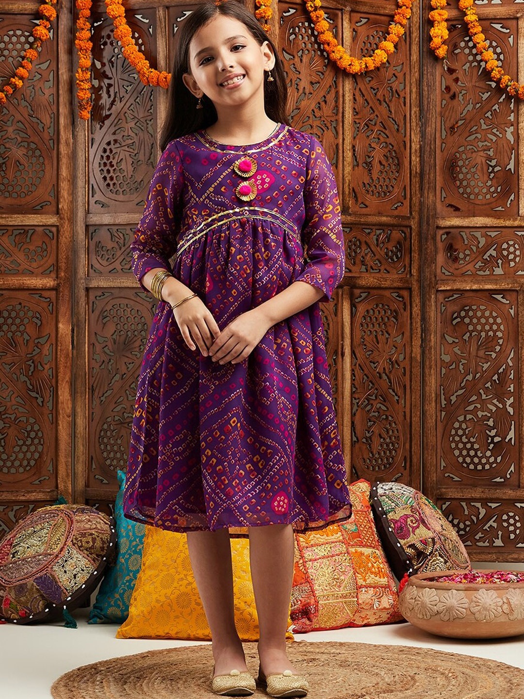 

pspeaches Girls Printed Fit & Flare Georgette Ethnic Dress, Purple