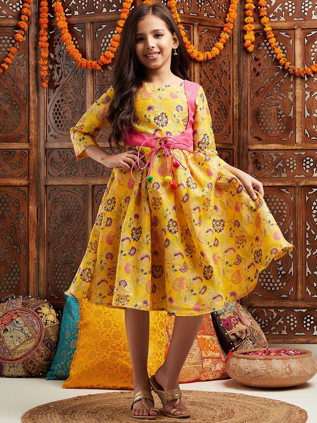 

pspeaches Girls Printed Cotton Fit & Flare Cotton Ethnic Dress, Yellow