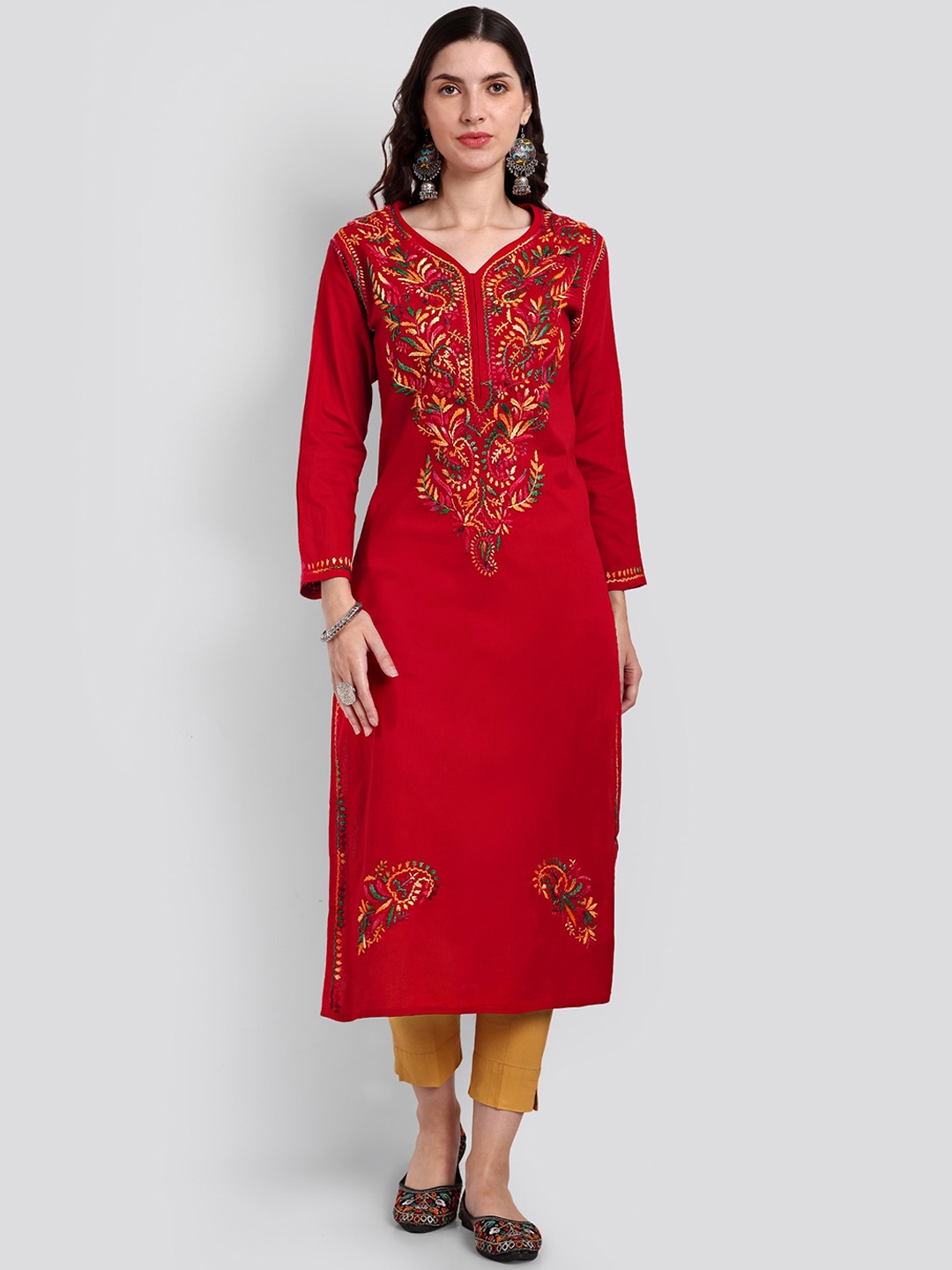 

Seva Chikan Ethnic Motifs Embroidered Thread Work Detailed Straight Kurta, Red