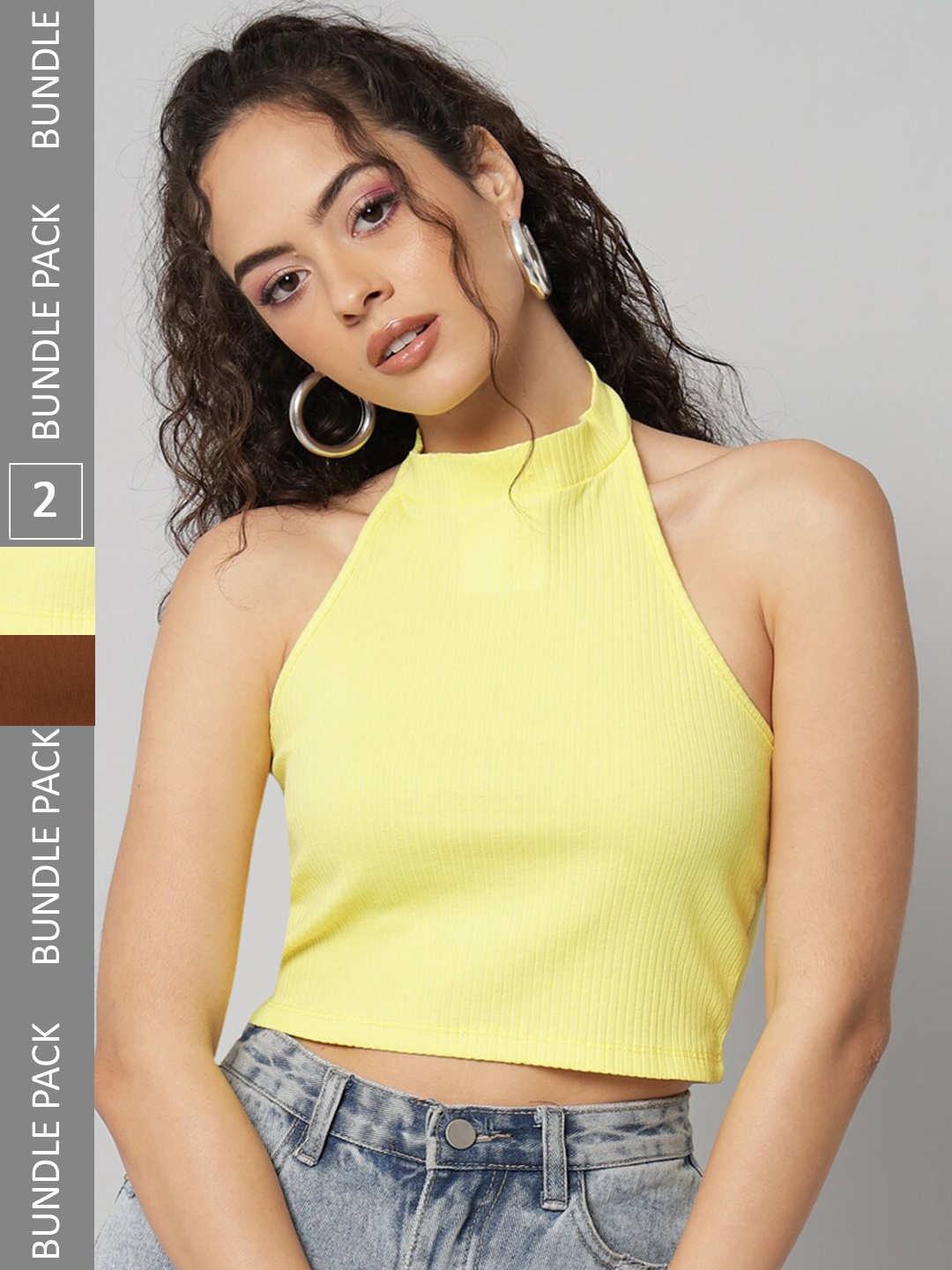

BAESD Pack of 2 Halter Neck Cotton Crop Top, Yellow