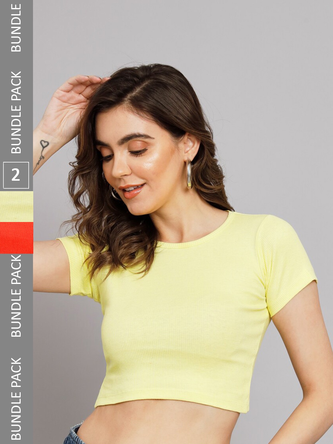 

BAESD Pack OF 2 Round Neck Ribbed Fitted Cotton Crop Top, Yellow