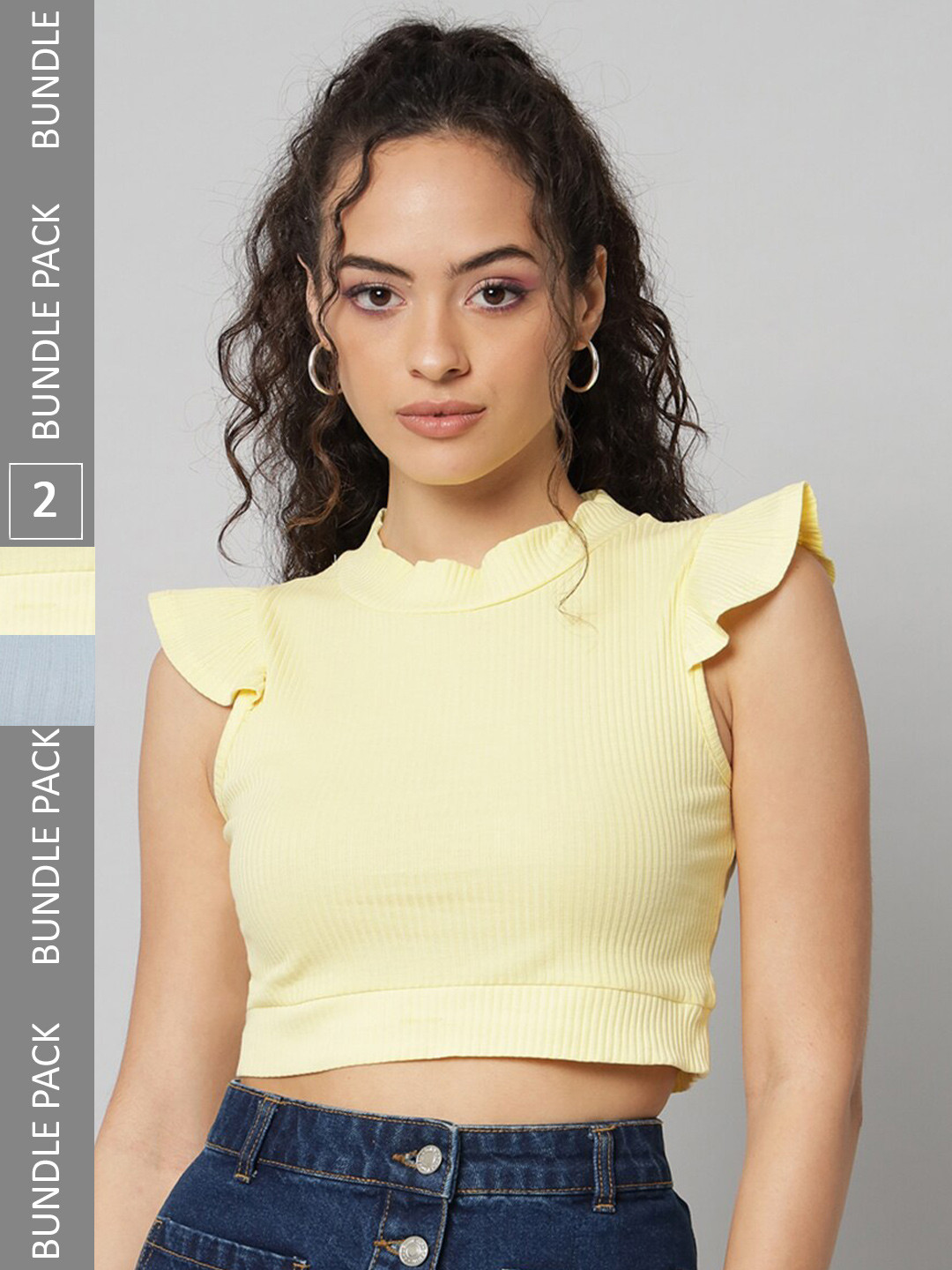 

BAESD Pack OF 2 Self Design High Neck Flutter Sleeves Fitted Cotton Crop Top, Yellow