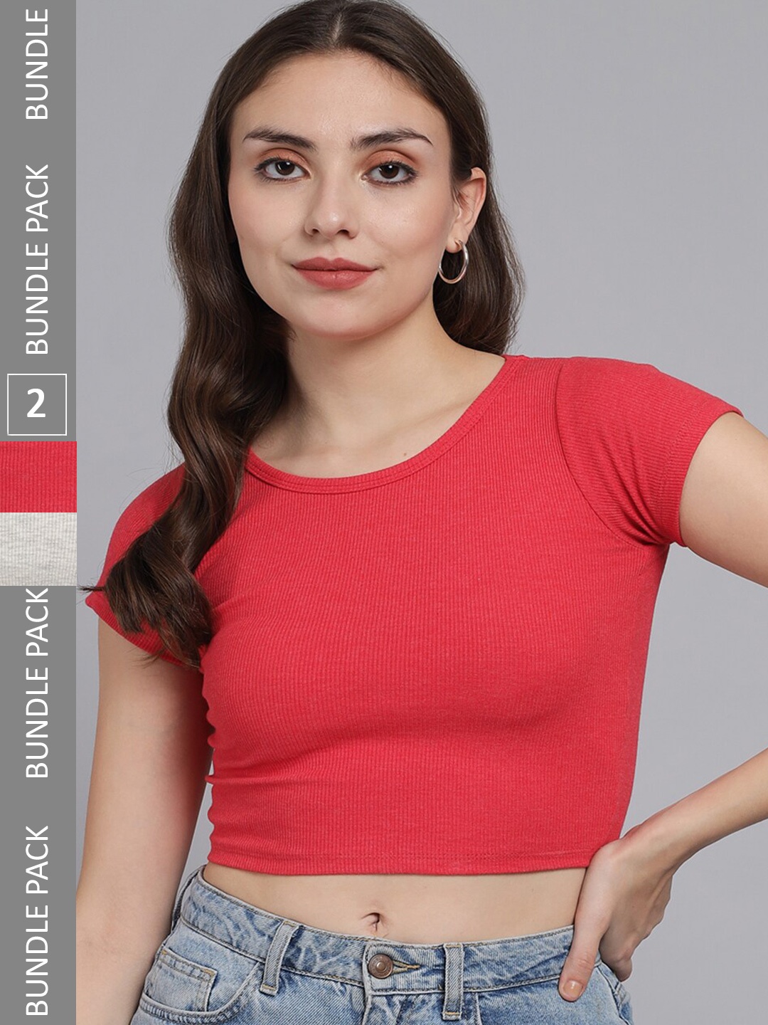 

BAESD Pack OF 2 Round Neck Ribbed Fitted Cotton Crop Top, Red
