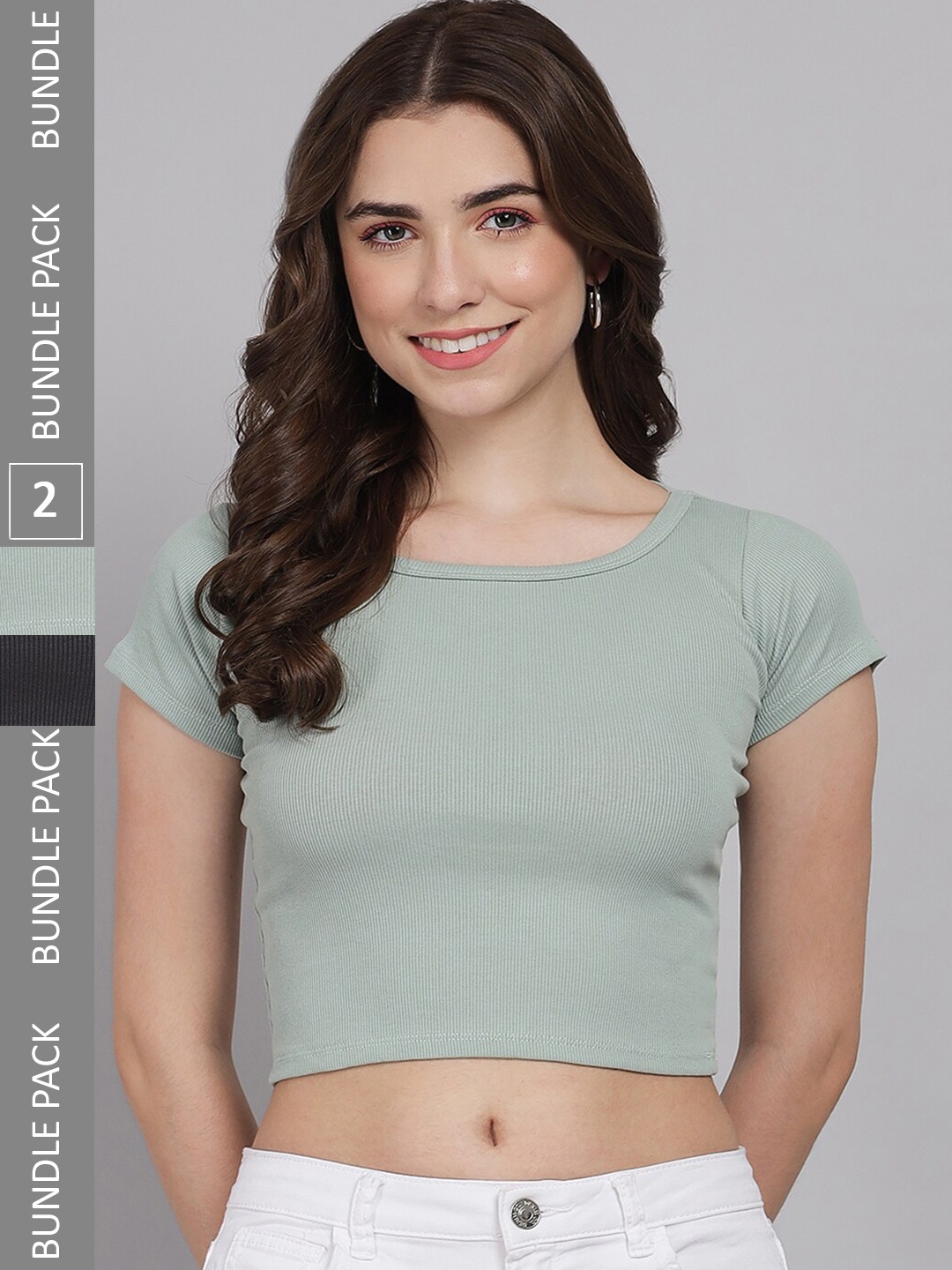 

BAESD Pack OF 2 Round Neck Ribbed Fitted Cotton Crop Top, Green