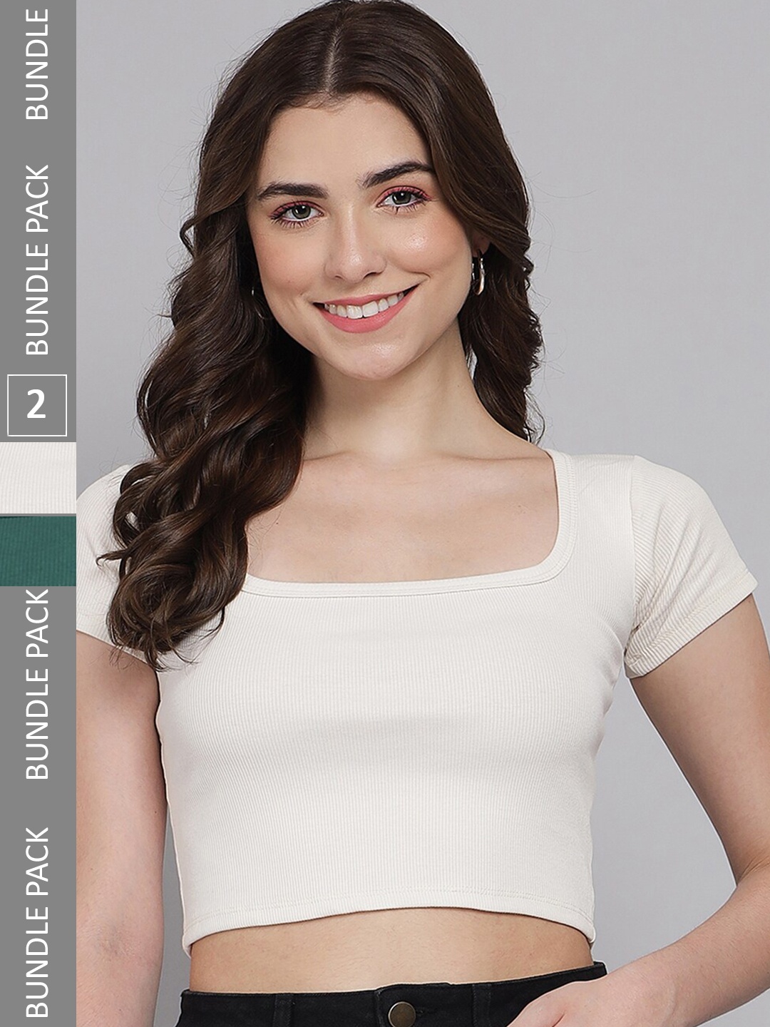 

BAESD Pack OF 2 Round Neck Ribbed Fitted Cotton Crop Top, White
