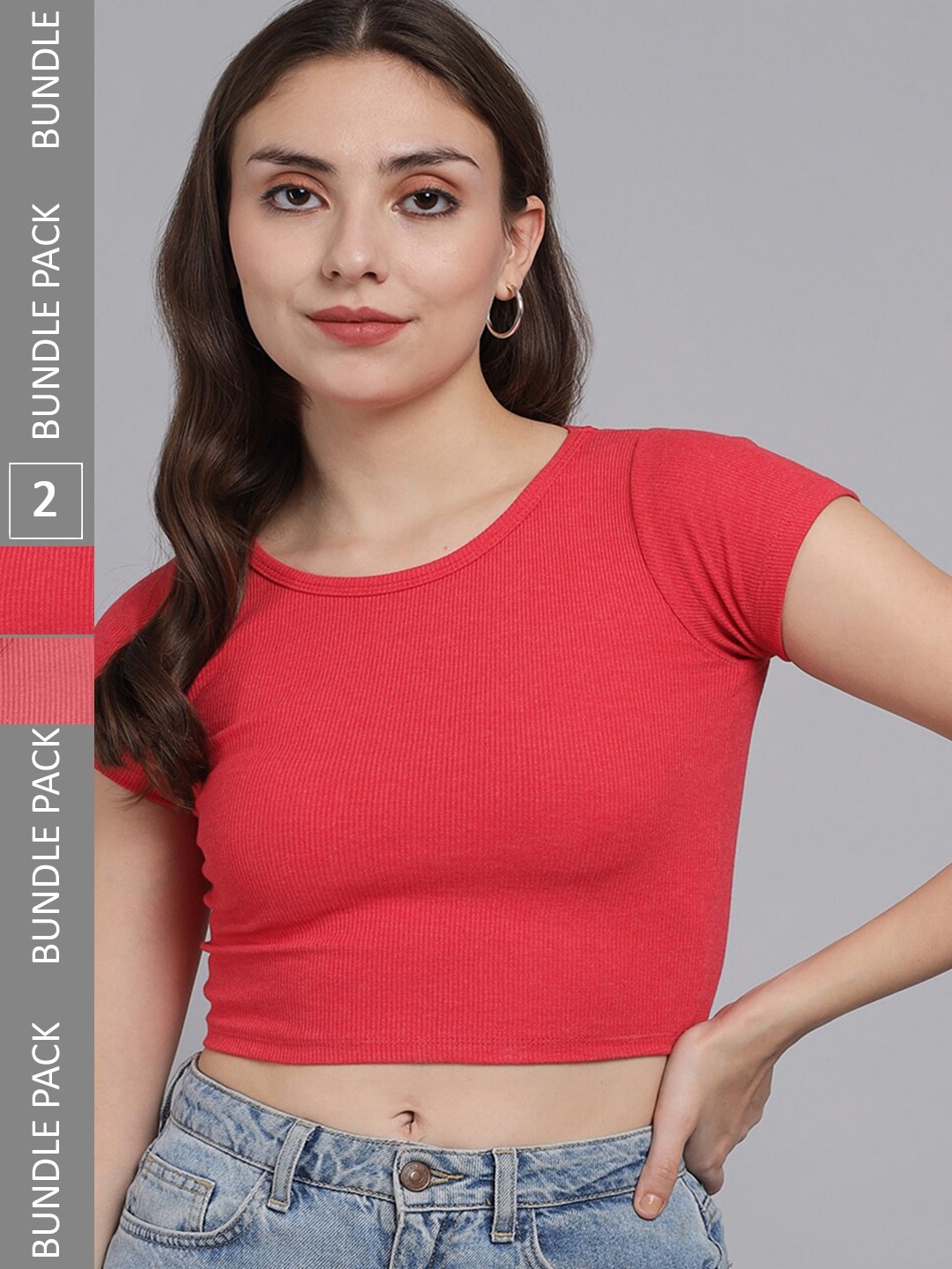

BAESD Pack OF 2 Round Neck Ribbed Fitted Cotton Crop Top, Red