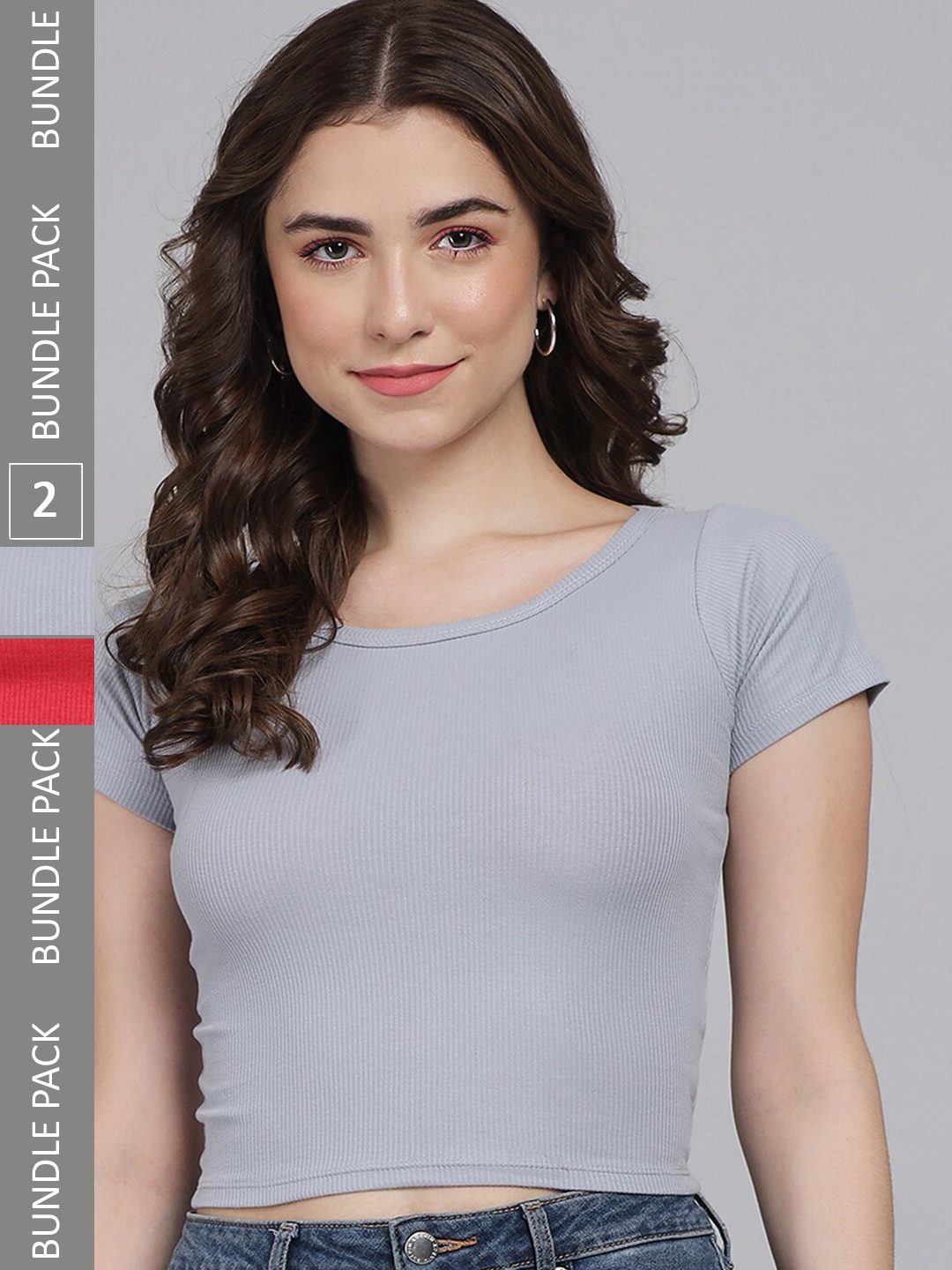 BAESD Pack OF 2 Round Neck Ribbed Fitted Cotton Crop Top, Red
