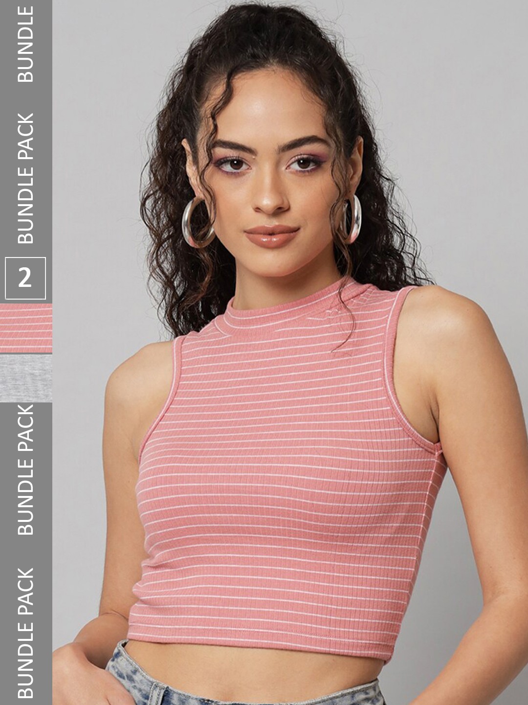 

BAESD Pack OF 2 Round Neck Sleeveless Ribbed Fitted Cotton Crop Top, Pink