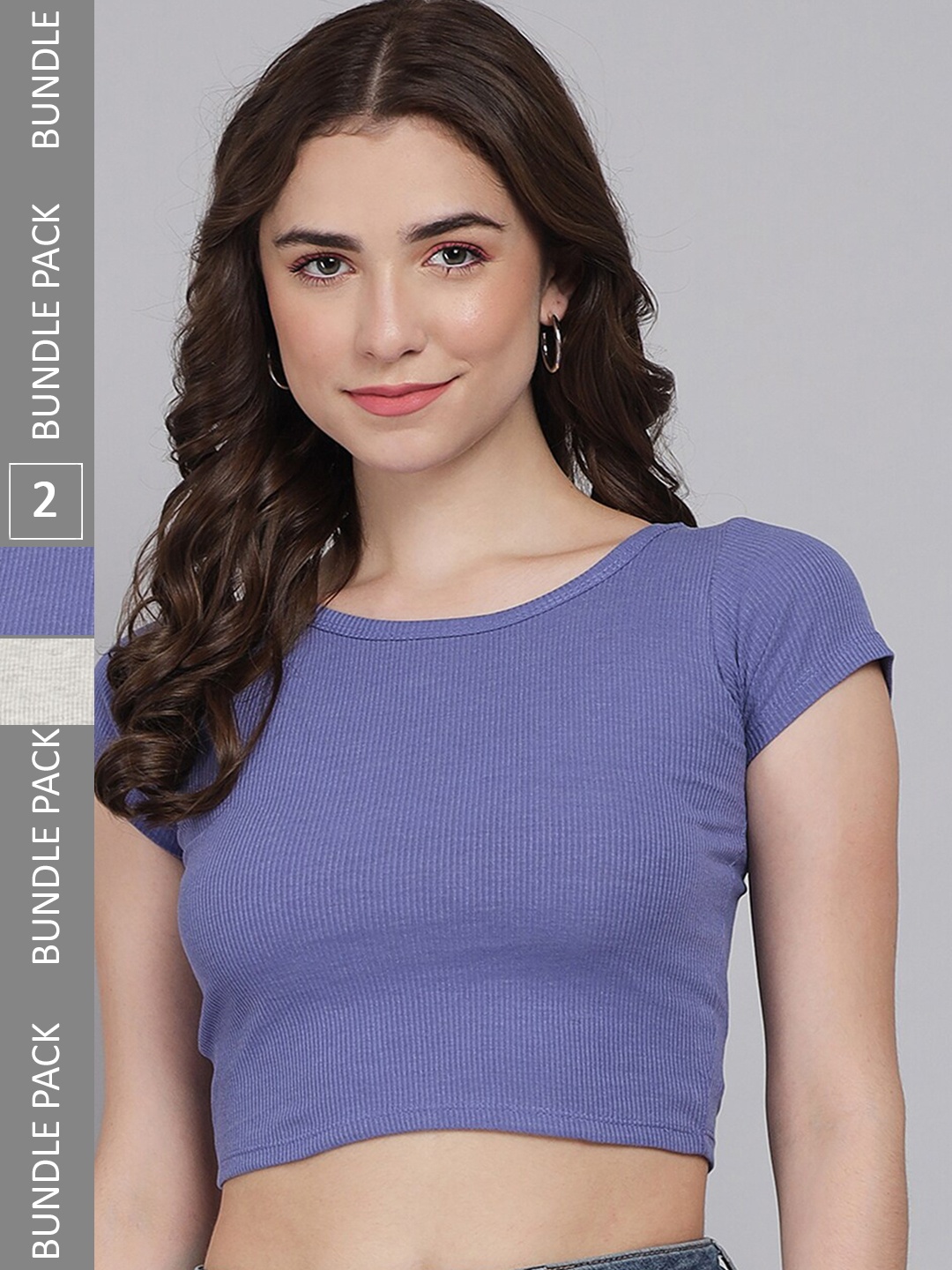 

BAESD Pack OF 2 Round Neck Ribbed Fitted Cotton Crop Top, Blue