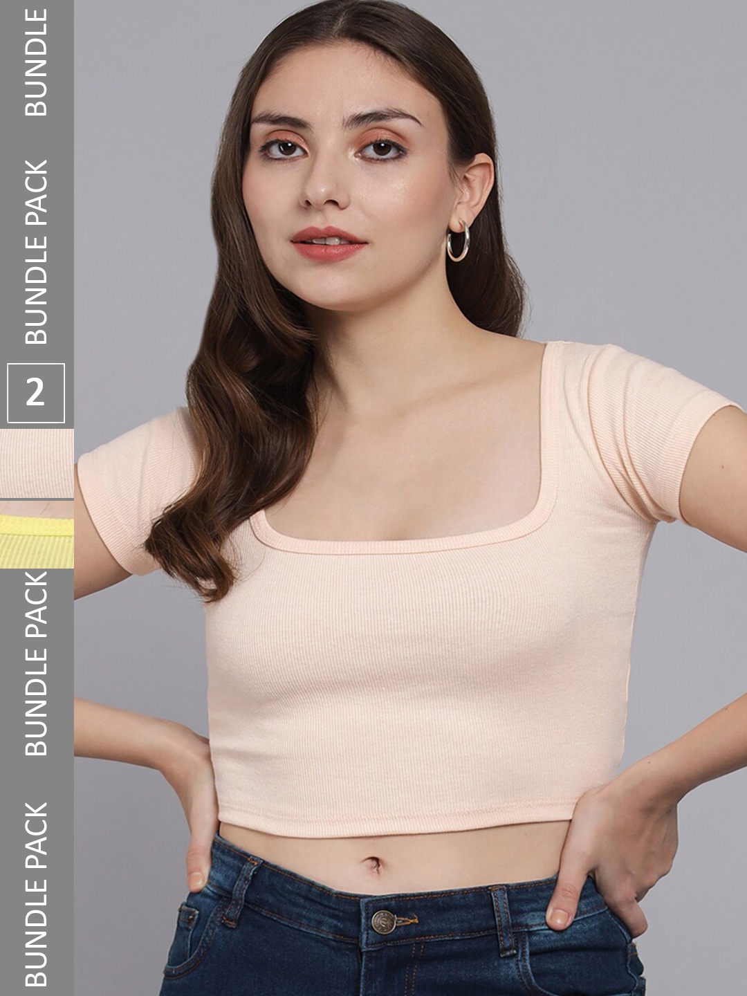 

BAESD Pack OF 2 Square Neck Ribbed Fitted Cotton Crop Top, Pink