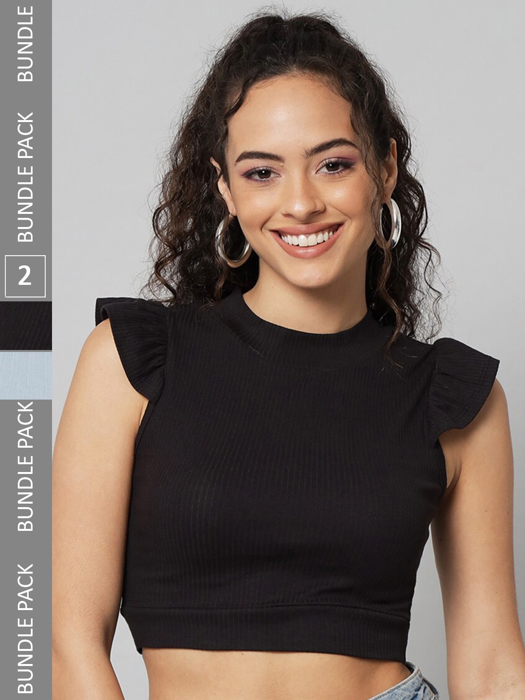 

BAESD Pack OF 2 High Neck Flutter Sleeves Ribbed Fitted Cotton Crop Top, Black