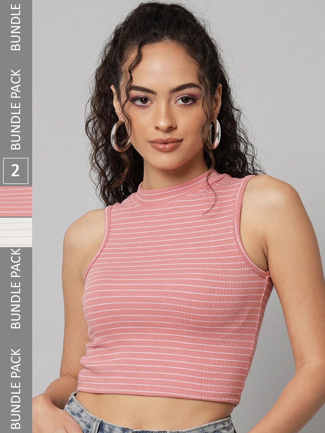 

BAESD Pack OF 2 Striped Round Neck Ribbed Fitted Cotton Crop Top, Pink