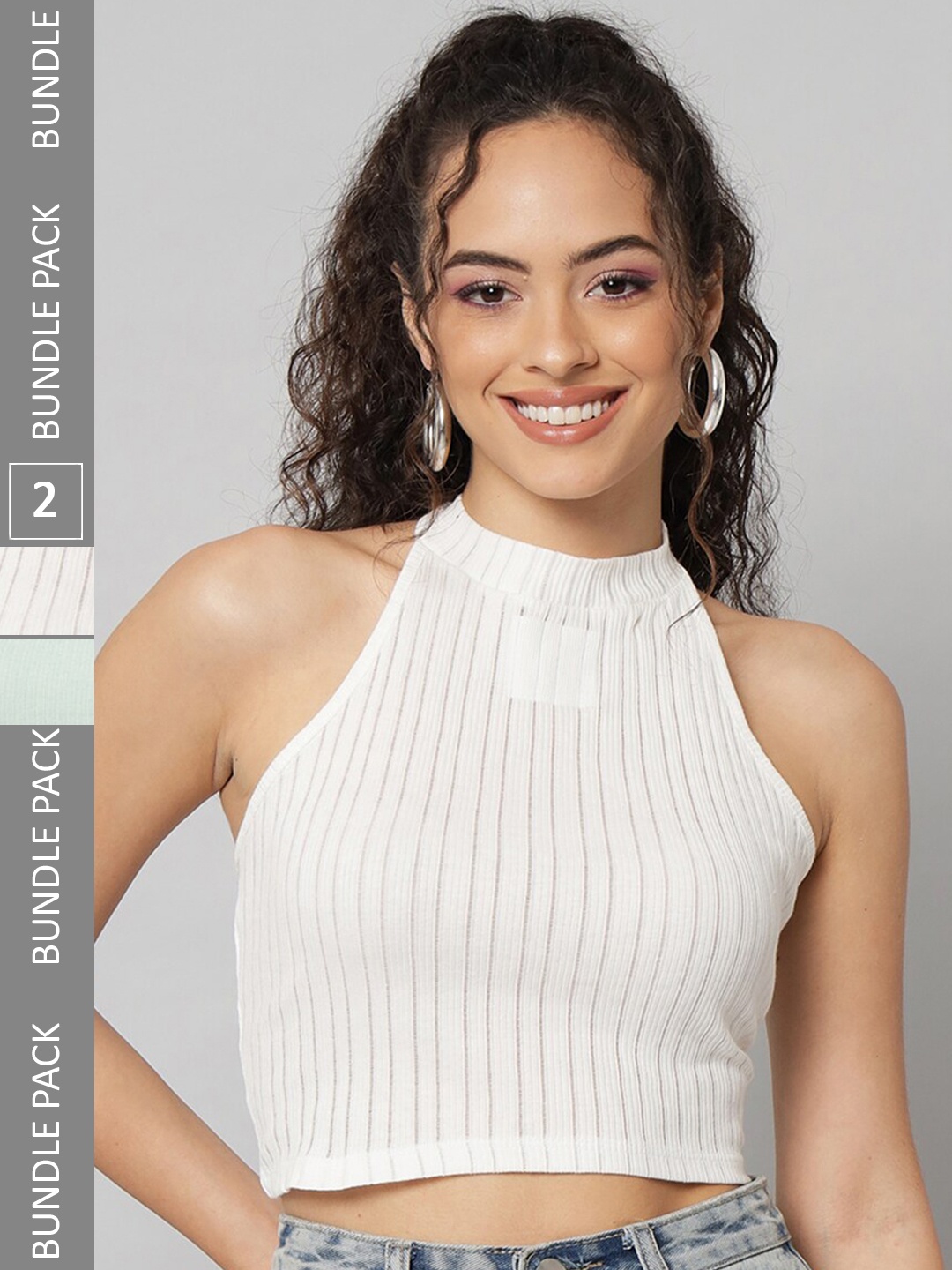 

BAESD Pack OF 2 Halter Neck Ribbed Fitted Cotton Crop Top, White