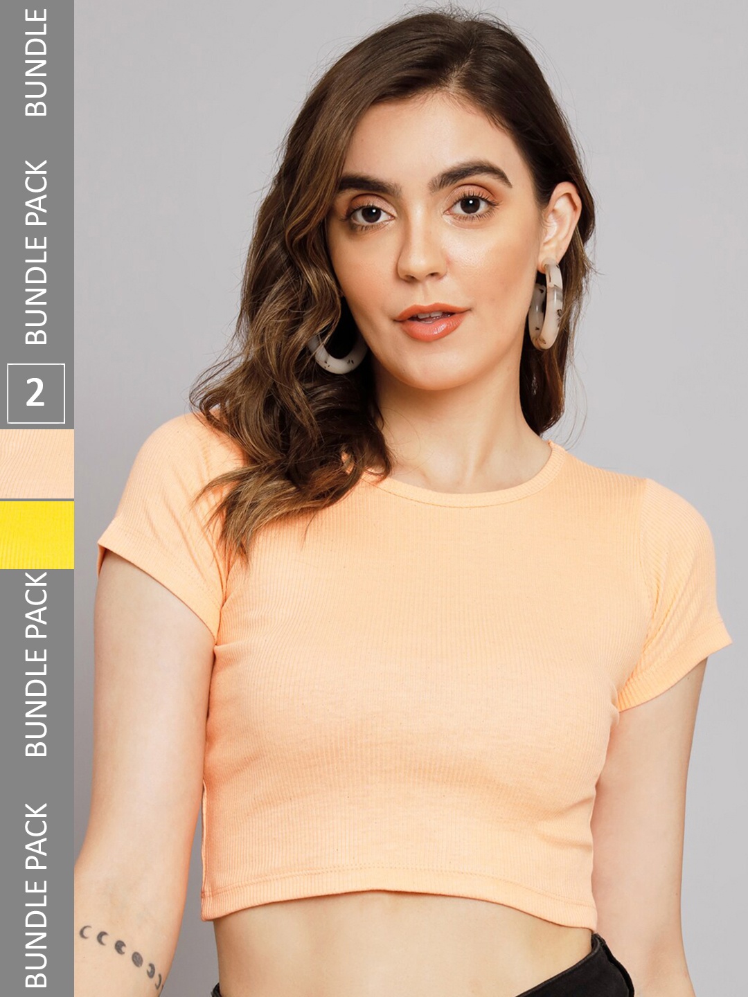

BAESD Pack OF 2 Round Neck Ribbed Fitted Cotton Crop Top, Orange