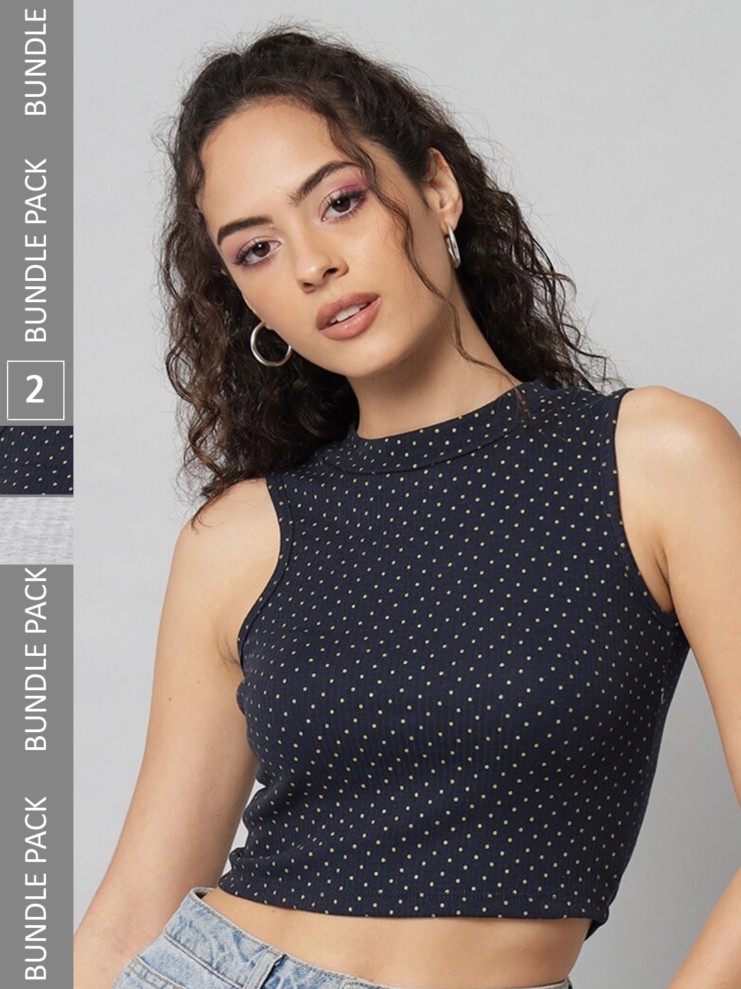 

BAESD Pack OF 2 Round Neck Sleeveless Ribbed Fitted Cotton Crop Top, Grey