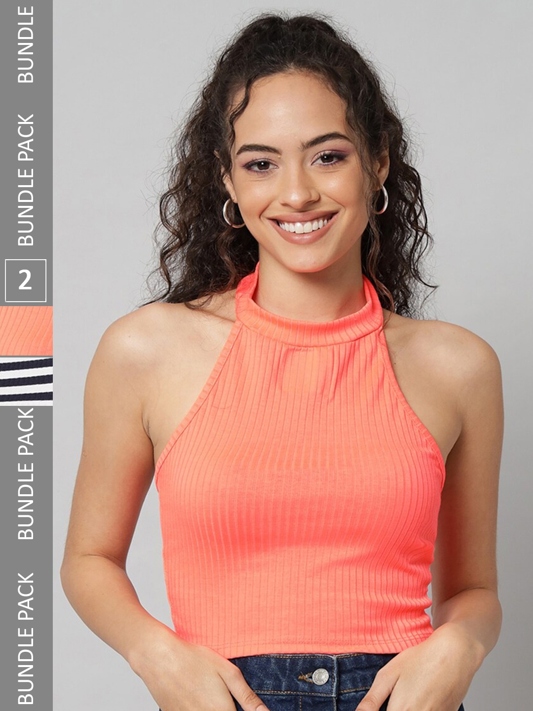 

BAESD Pack OF 2 Striped Halter Neck Ribbed Fitted Cotton Crop Top, Orange