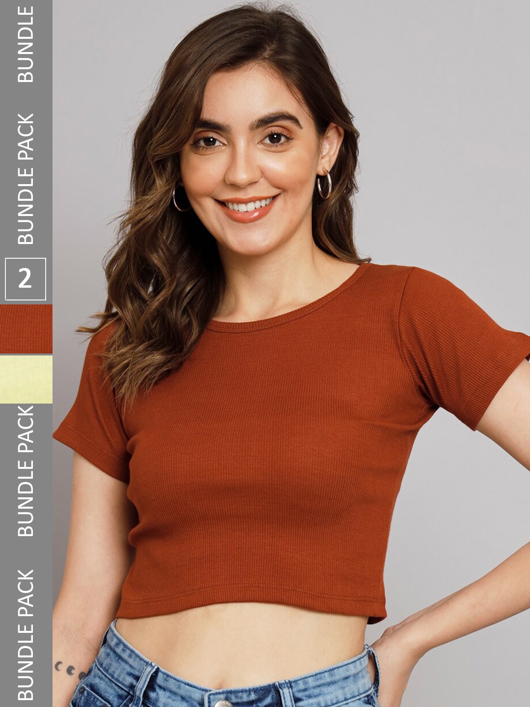 

BAESD Pack Of 2 Self Design Cotton Crop Top, Yellow