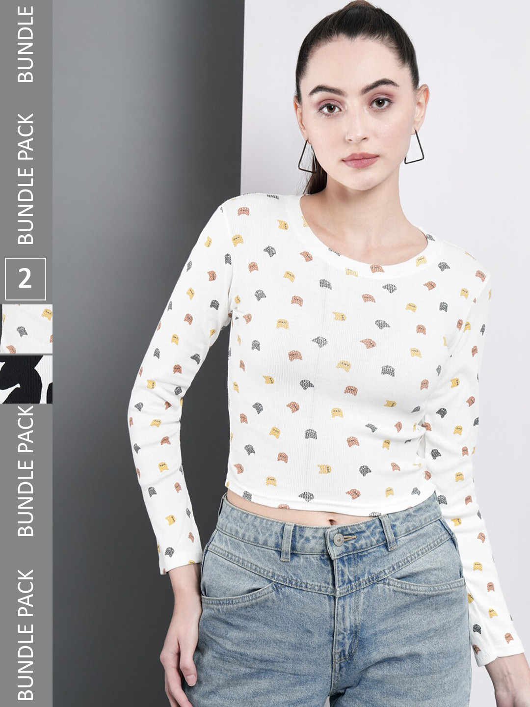 

BAESD Pack Of 2 Conversational Printed Ribbed Cotton Crop Top, White