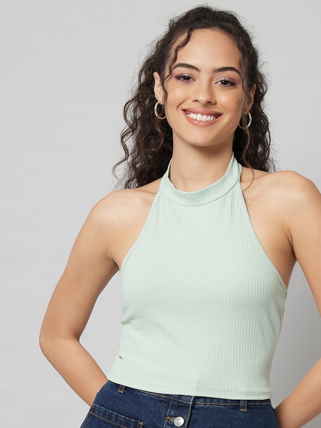

BAESD Striped Halter Neck Cotton Crop Top, Green