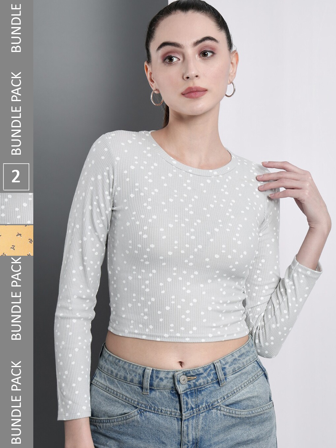 BAESD Pack Of 2 Polka Dots Cotton Crop Top, Grey