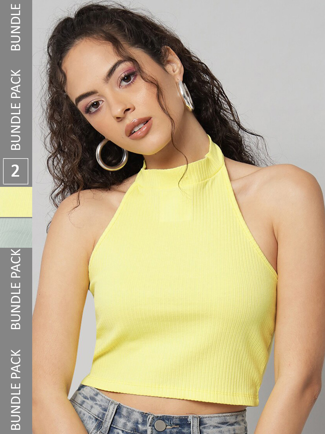 

BAESD Pack Of 2 Halter Neck Cotton Fitted Crop Top, Yellow
