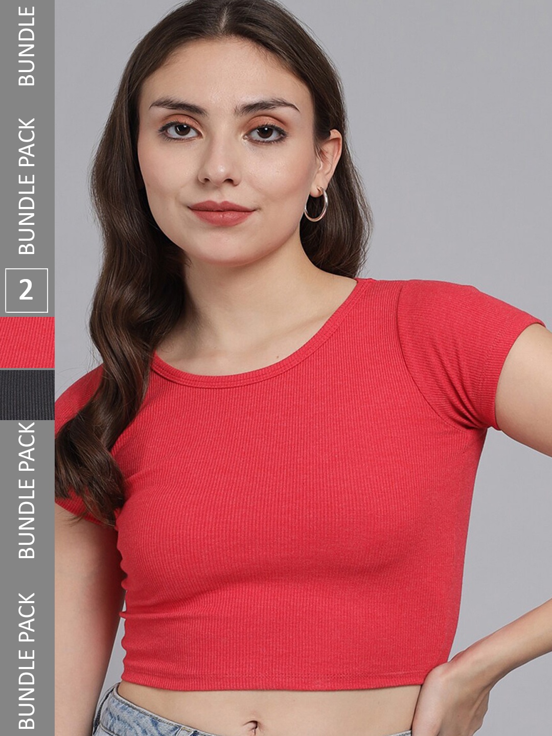 

BAESD Pack Of 2 Round Neck Cotton Fitted Crop Top, Red