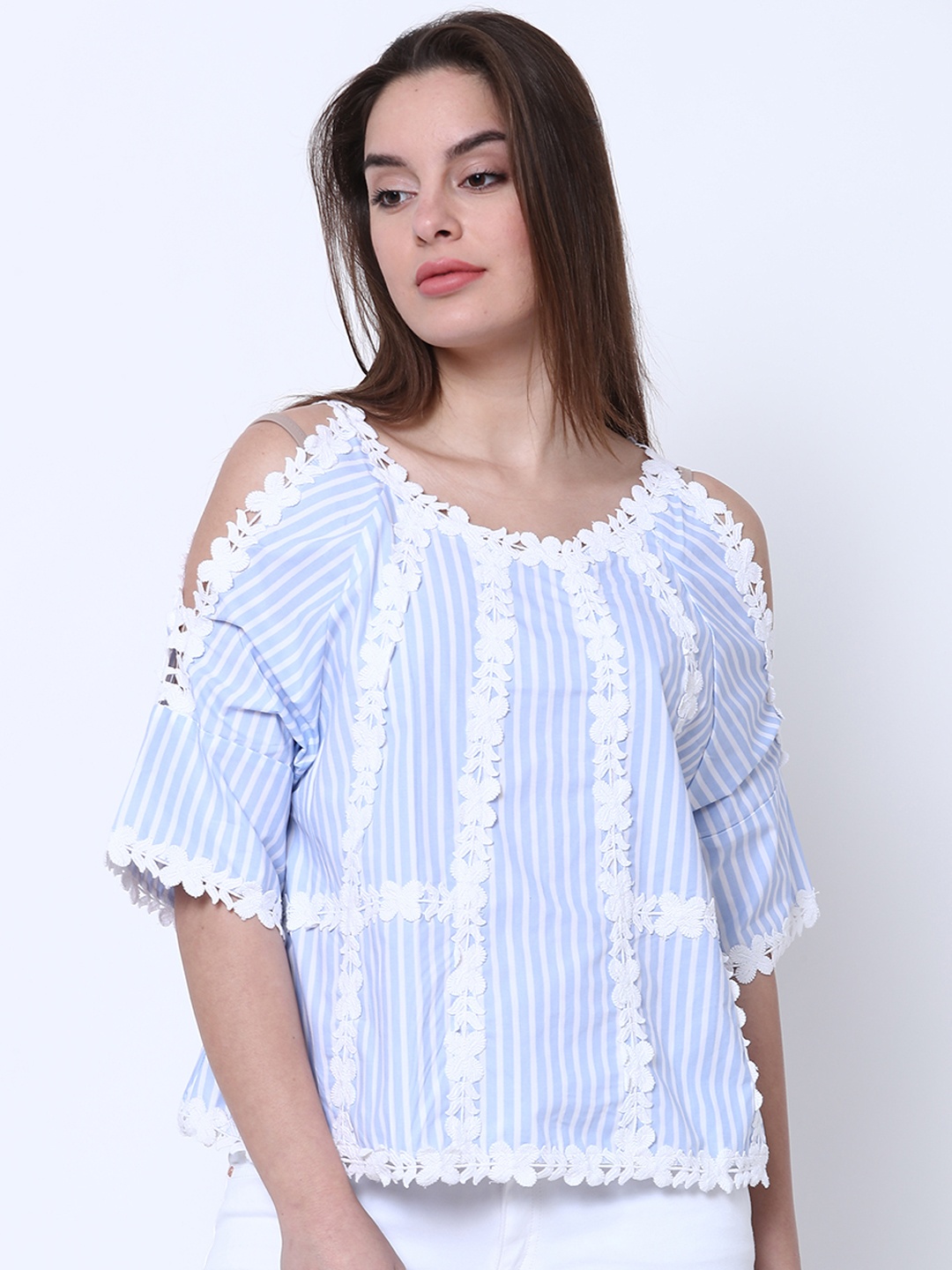 

Tokyo Talkies Women Blue Striped Boxy Top