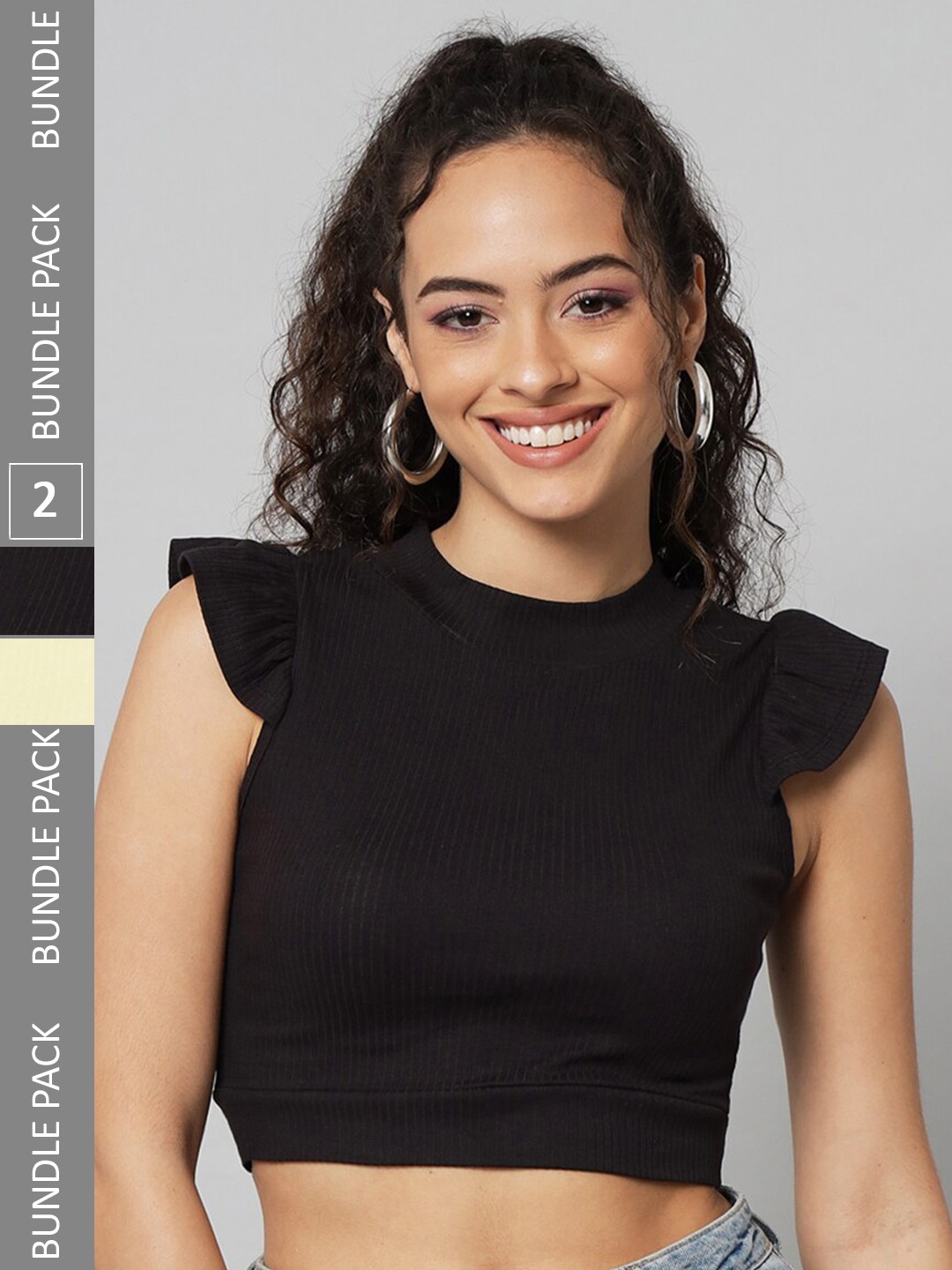 

BAESD Pack Of 2 Round Neck Flutter Sleeves Cotton Fitted Crop Top, Black