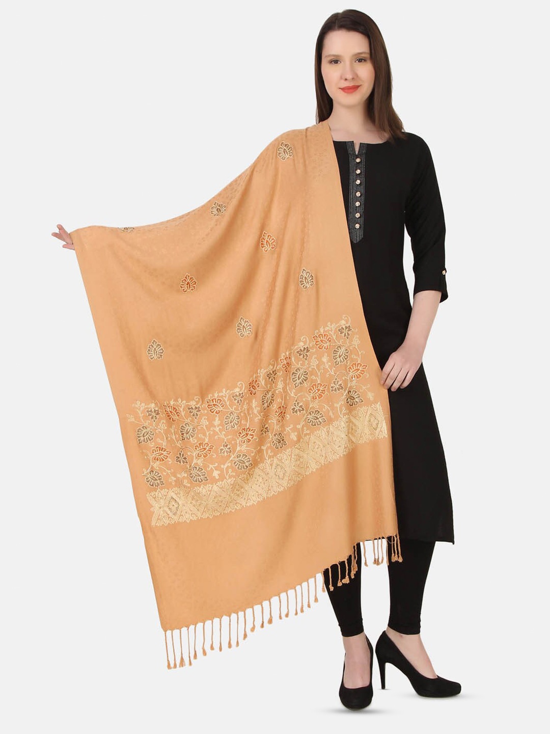 EVAZ Floral Embroidered Woolen Shawl, Orange