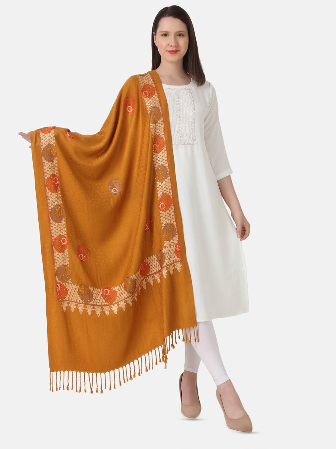

EVAZ Ethnic Motifs Embroidered Woolen Shawl, Mustard