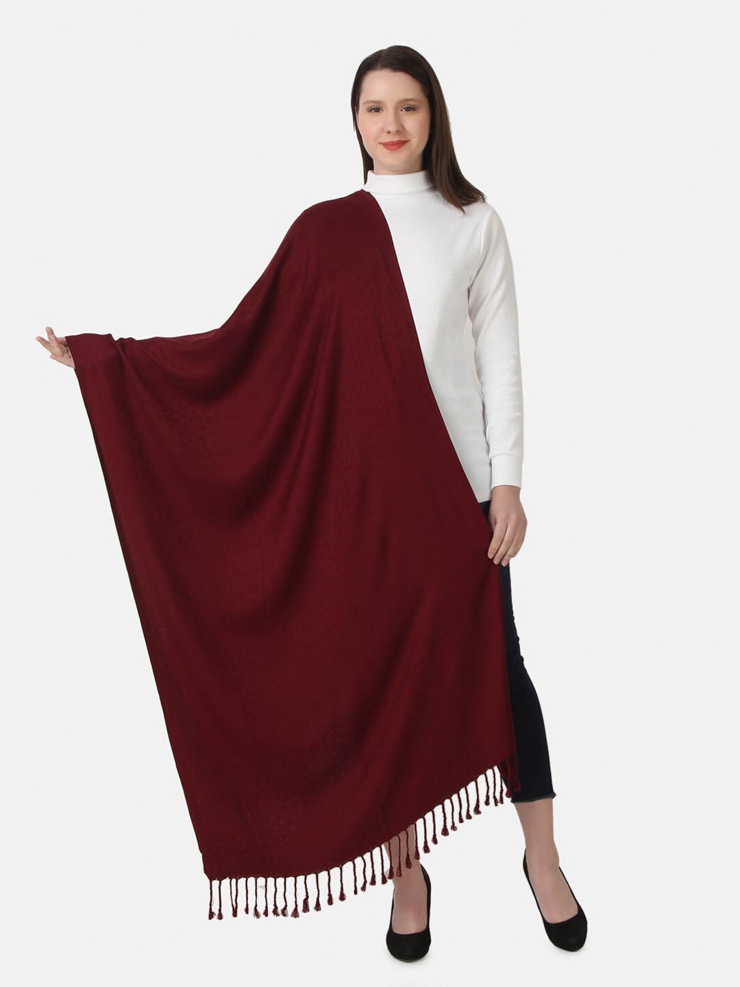 

EVAZ Woolen Shawl With Tasselled Border, Maroon