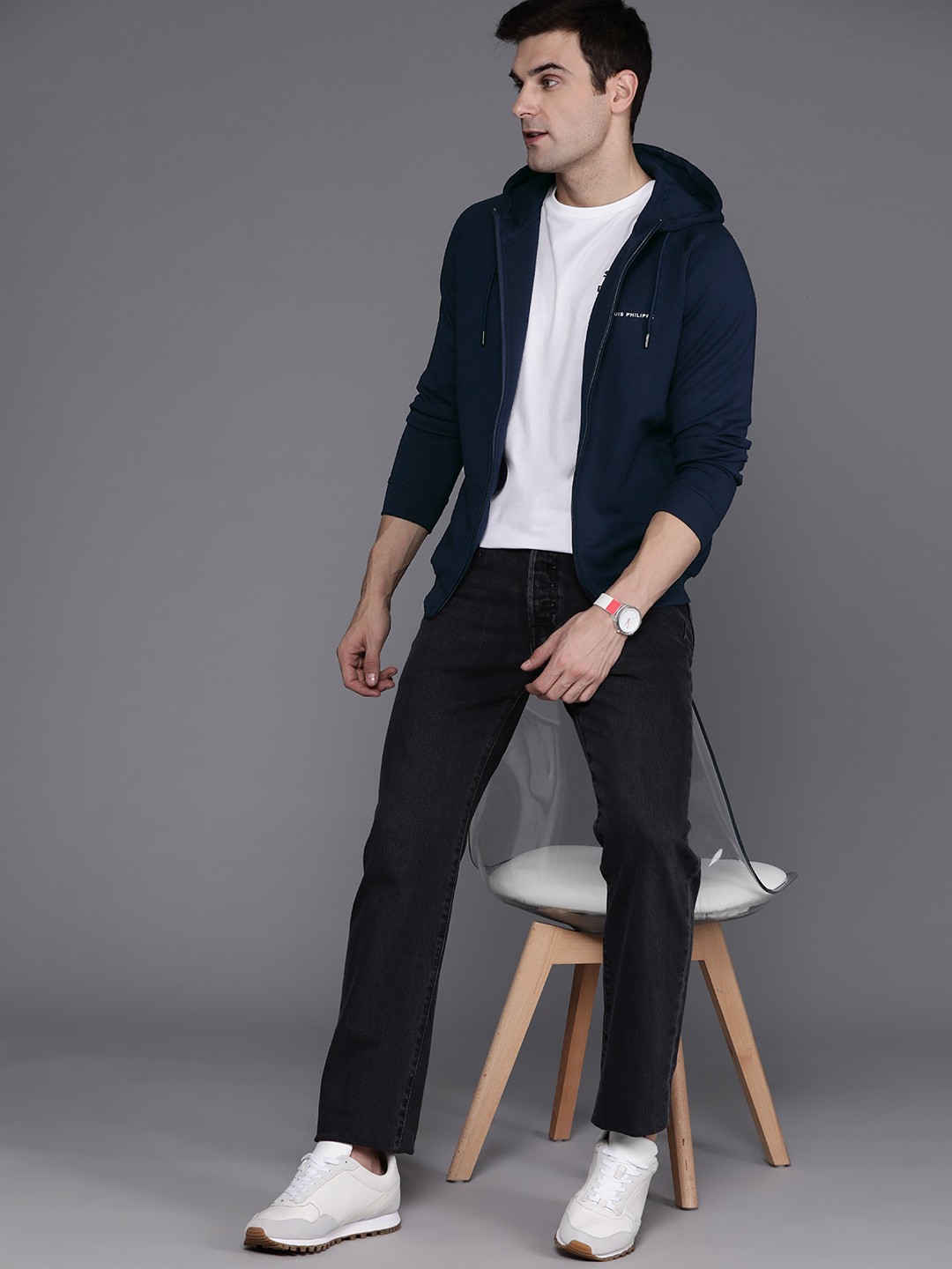 

Louis Philippe Front Open Hooded Sweatshirt, Navy blue