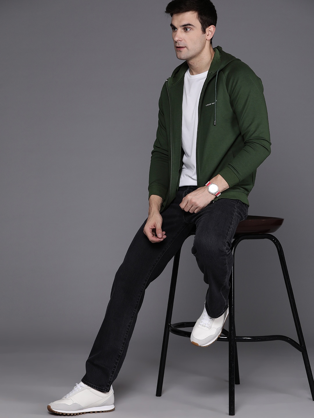 

Louis Philippe Front Open Hooded Sweatshirt, Green