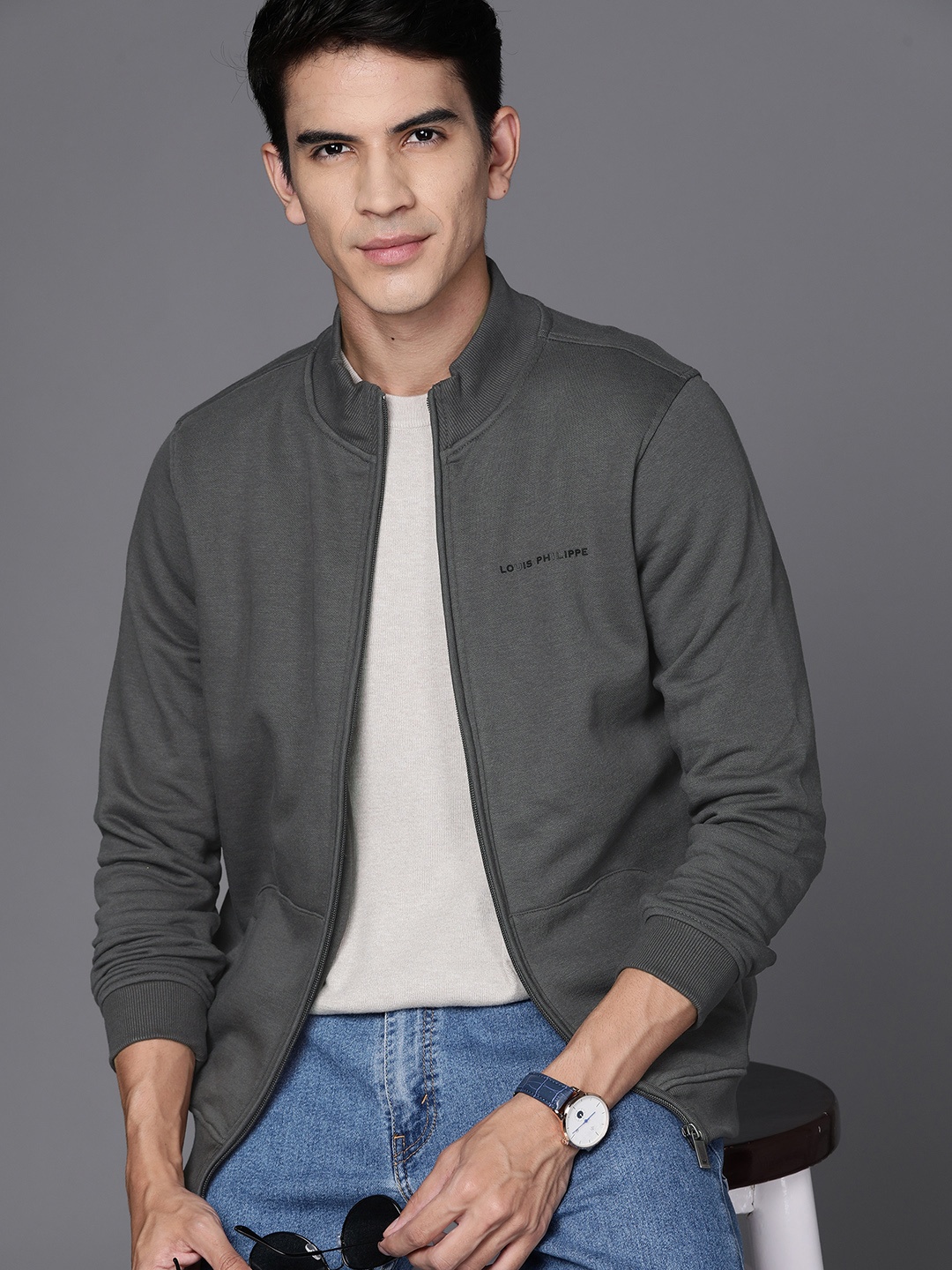 

Louis Philippe Front-Open Sweatshirt, Grey