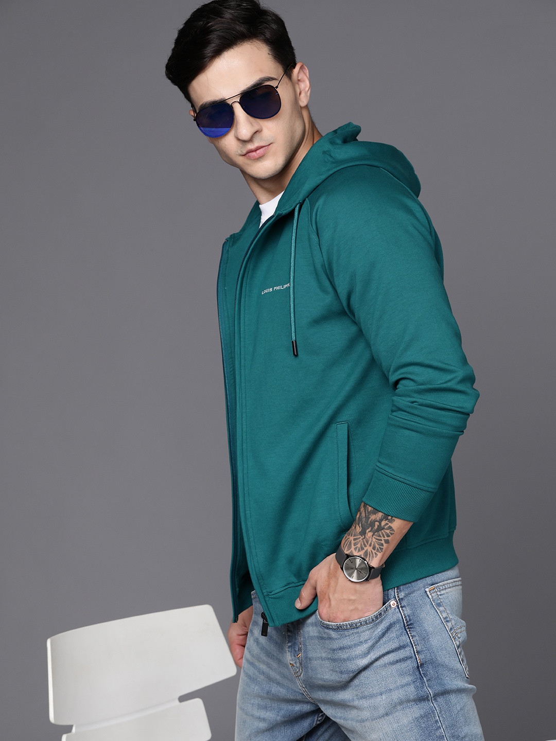 

Louis Philippe Front Open Hooded Sweatshirt, Teal