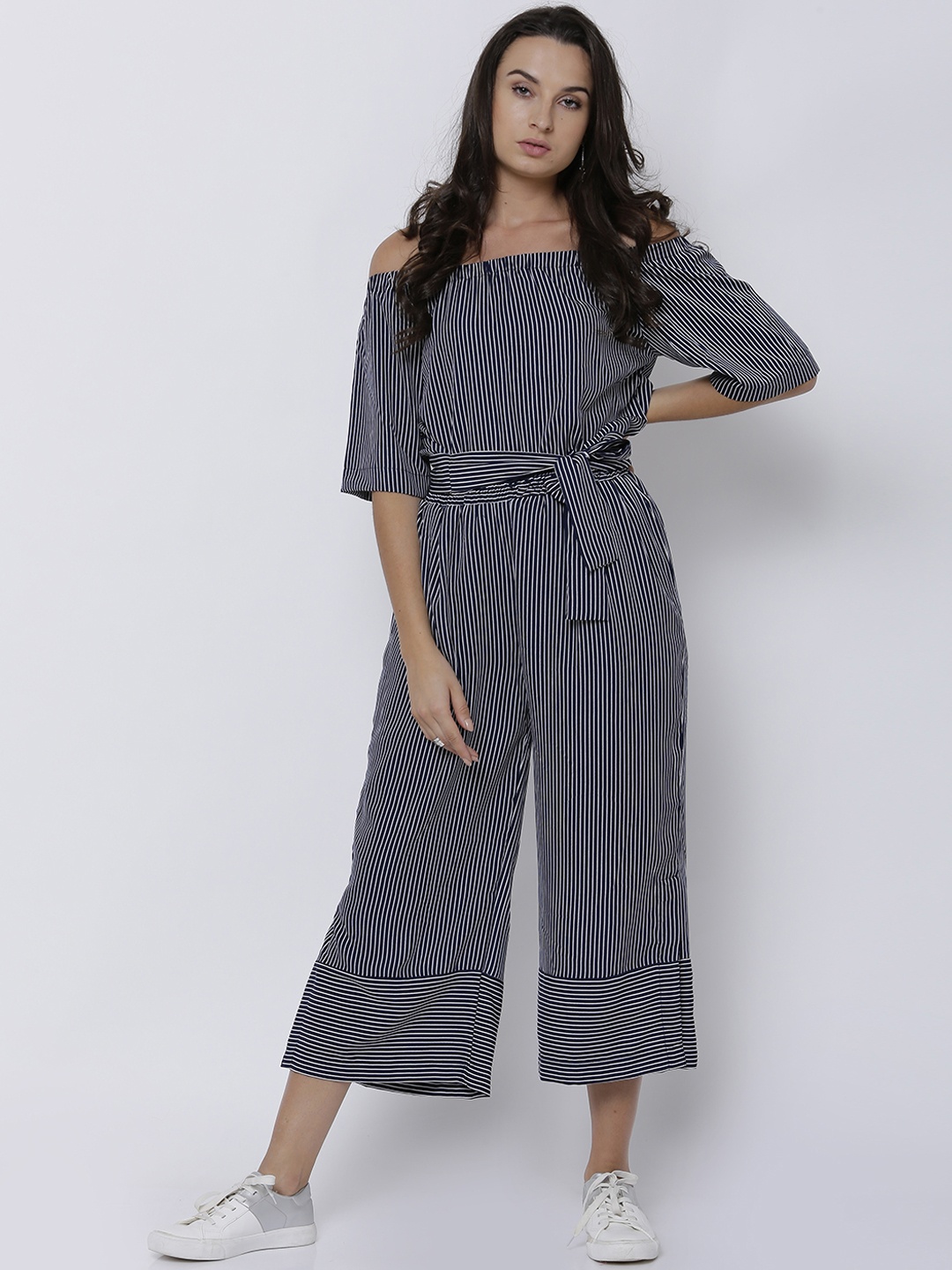 

Tokyo Talkies Navy Blue & White Striped Basic Jumpsuit