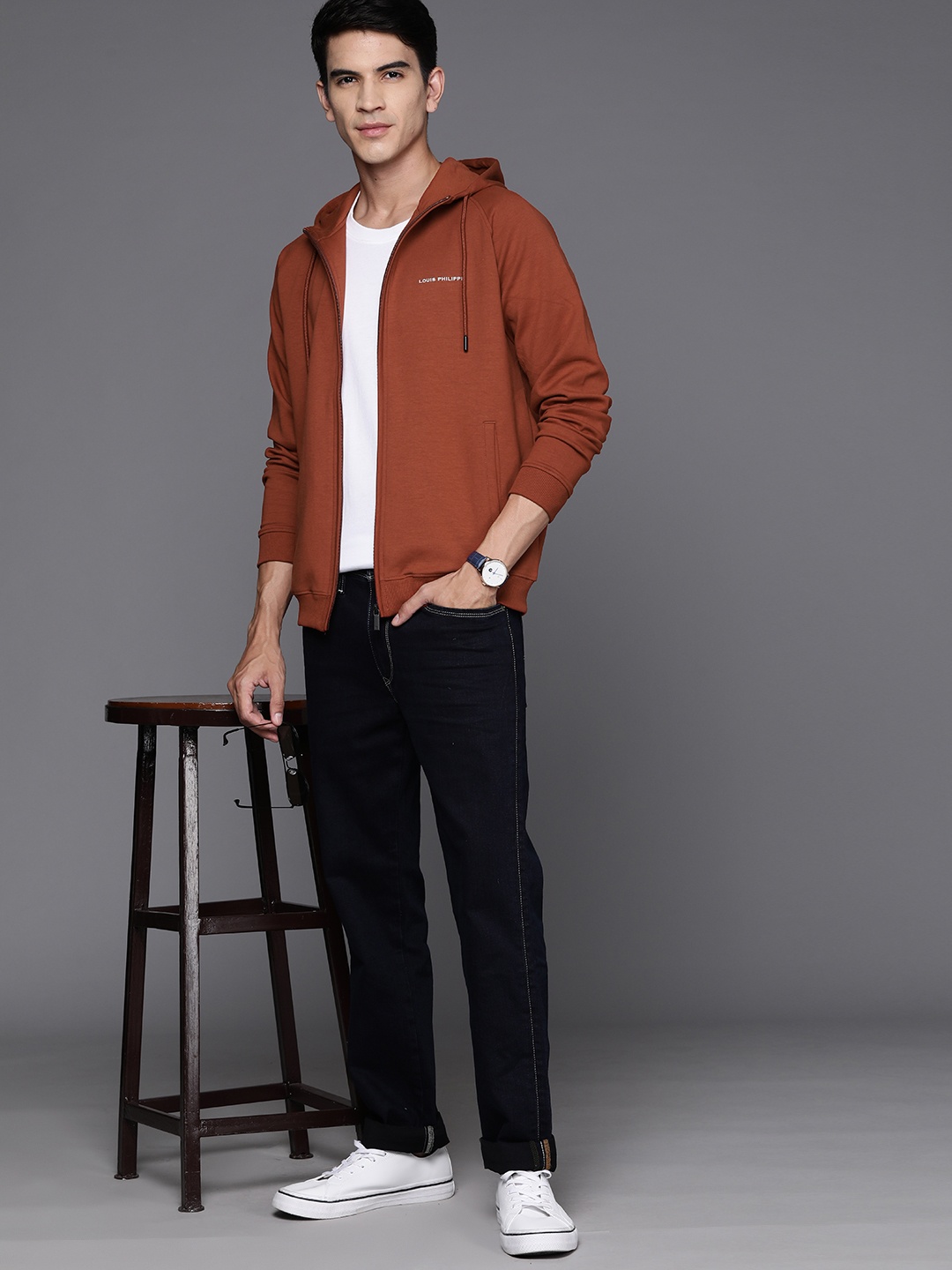 

Louis Philippe Front-Open Hooded Sweatshirt, Rust