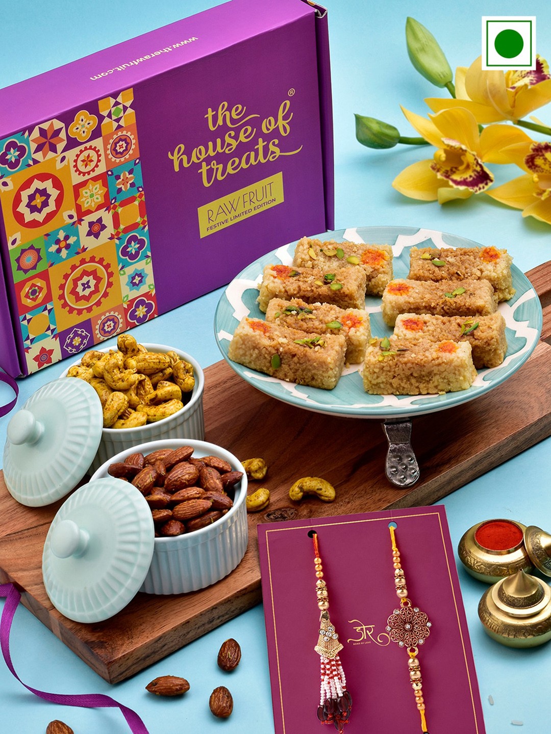 

RawFruit Set Of 2 Bhai Bhabhi Rakhi With Gift Set, Yellow