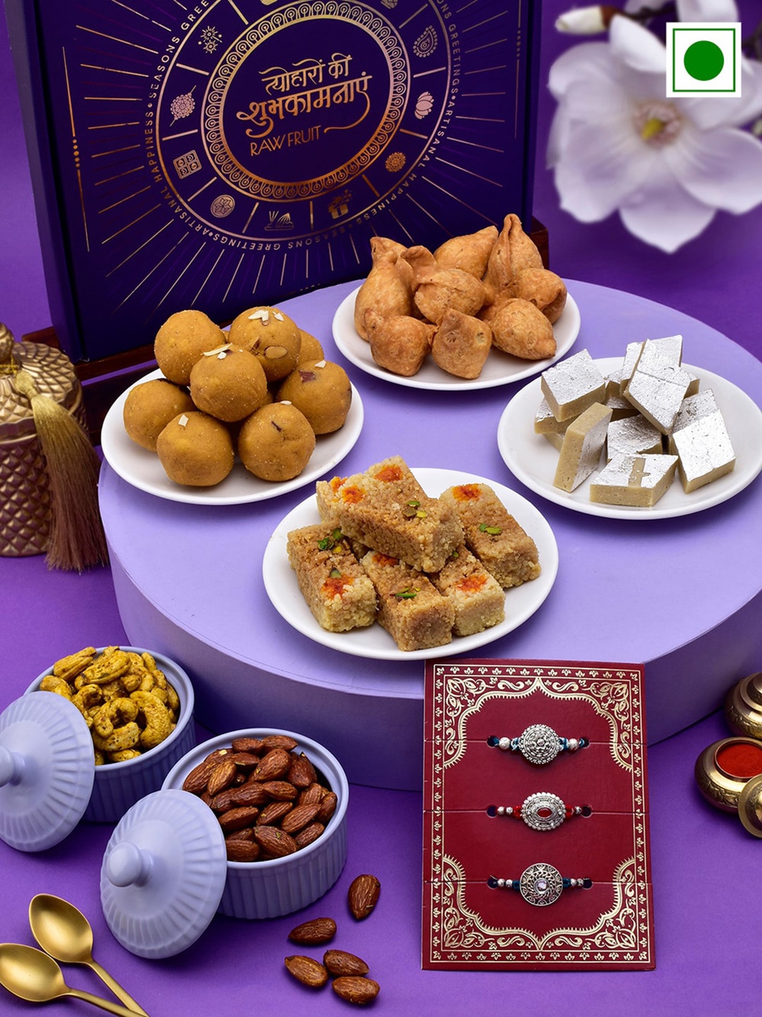 

RawFruit Sweets & Nuts With 2 Rakhi, Purple