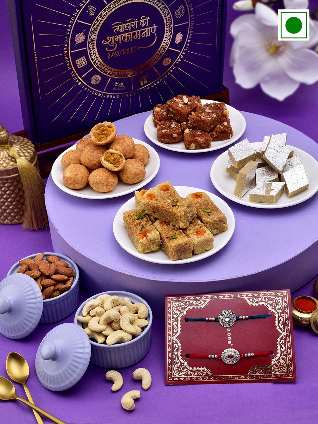 

RawFruit Sweets & Nutty Embrace With 2 Rakhi, Purple